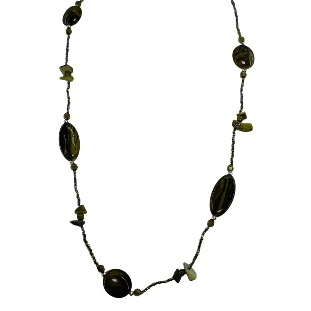 Vintage 70s Avocado Bead Necklace Oval Resin Statement Long Strand